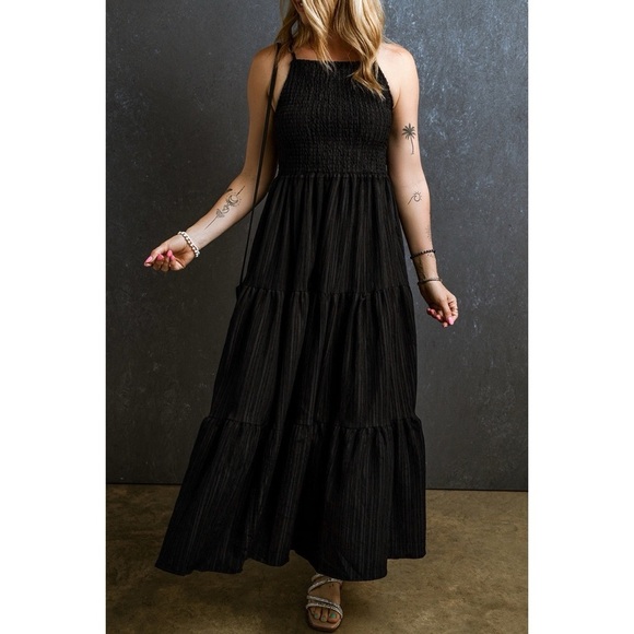 Dresses & Skirts - Black Smocked Pleated Tiered Maxi Dress